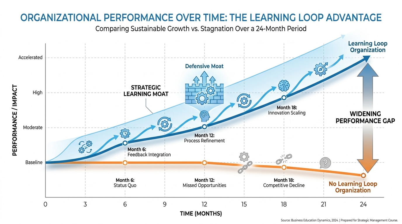 Two organizations diverging over time — one with a learning loop, one without