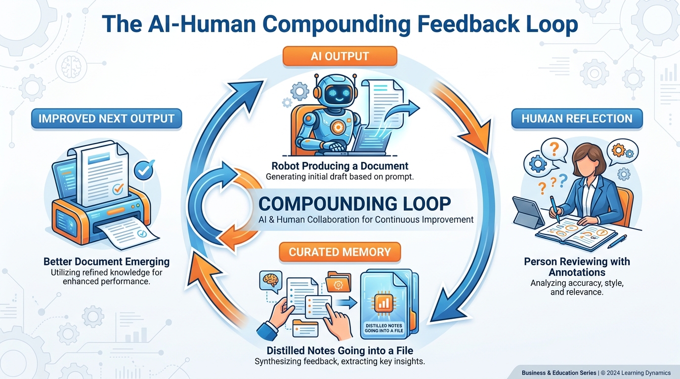 A feedback loop showing AI output, human reflection, curated memory, and improved next output