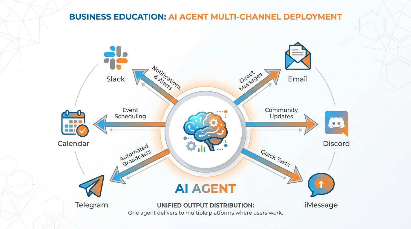 An AI agent in the center with arrows extending to Slack, email, Discord, iMessage, Telegram, and a calendar — outputs delivered where users already work