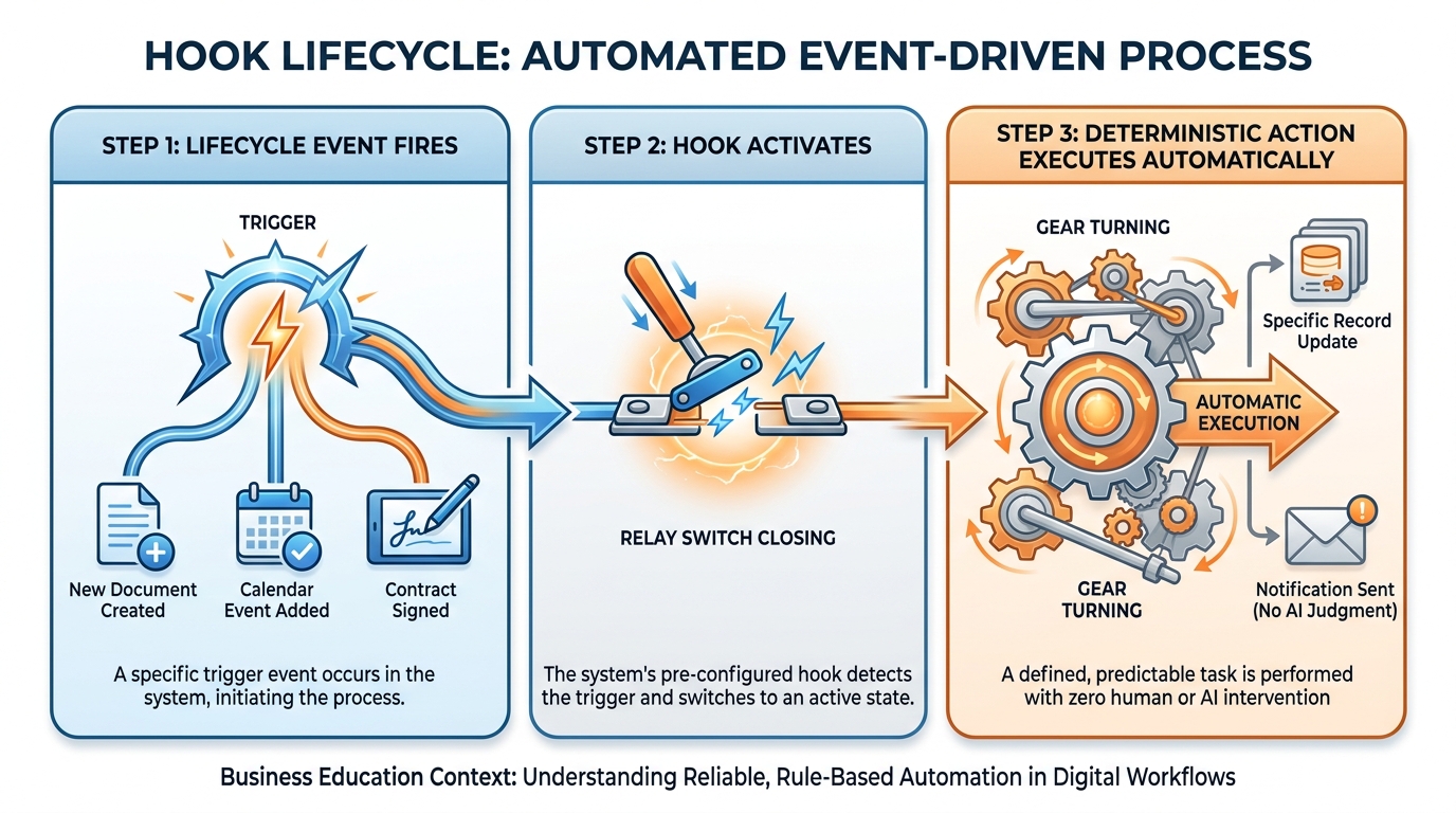 A diagram showing a lifecycle event firing a hook that executes a deterministic action