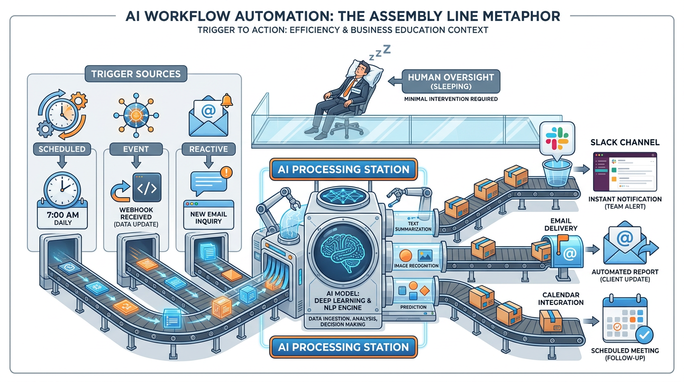An automated assembly line metaphor — triggers fire AI workflows that produce outputs delivered to Slack, email, and calendar while the manager sleeps