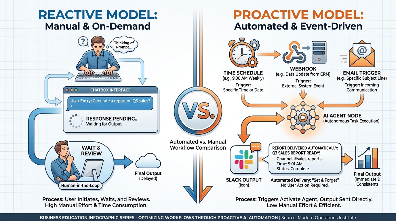 Two diagrams — left side shows a person typing into a chat box; right side shows a clock, a webhook, and an email all triggering an AI agent that delivers to Slack