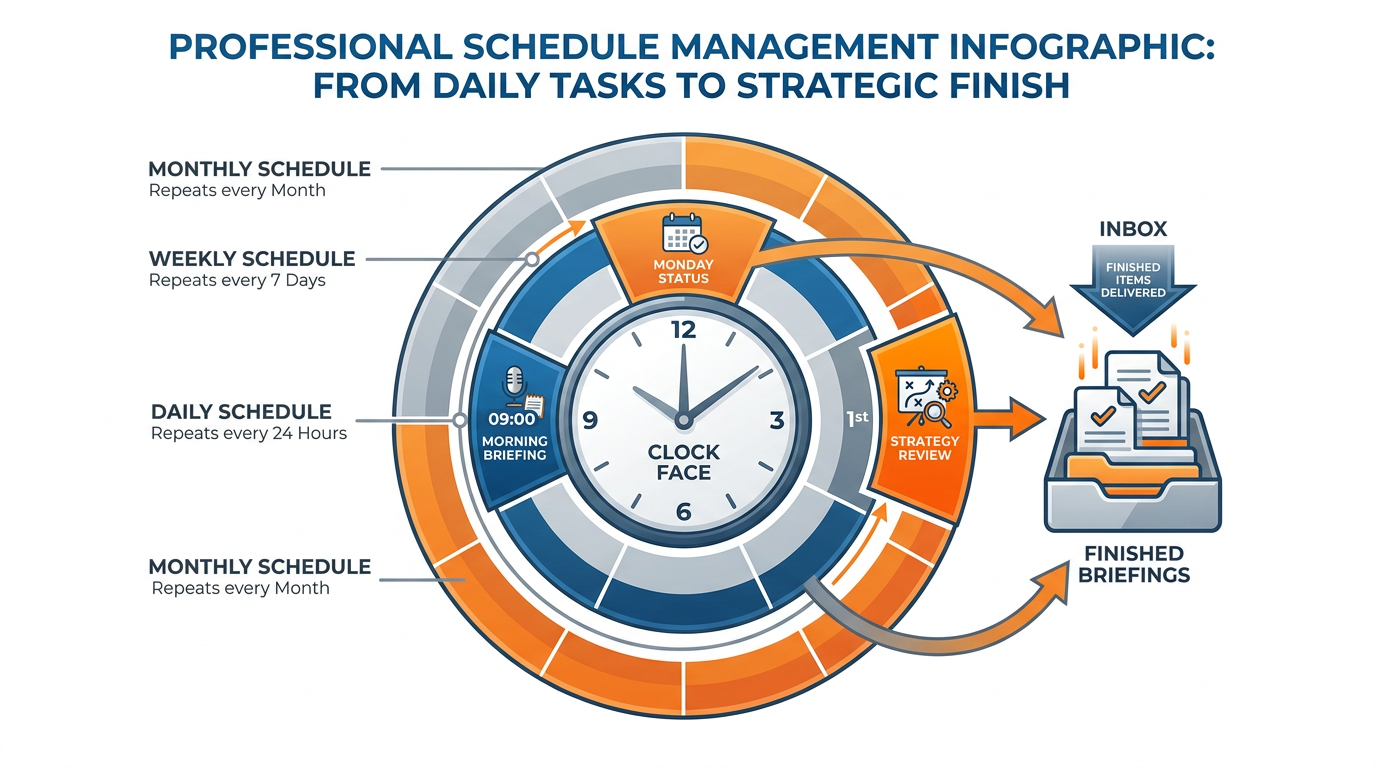 A clock with arrows showing daily, weekly, and monthly AI tasks firing on schedule and delivering briefings to a user's inbox
