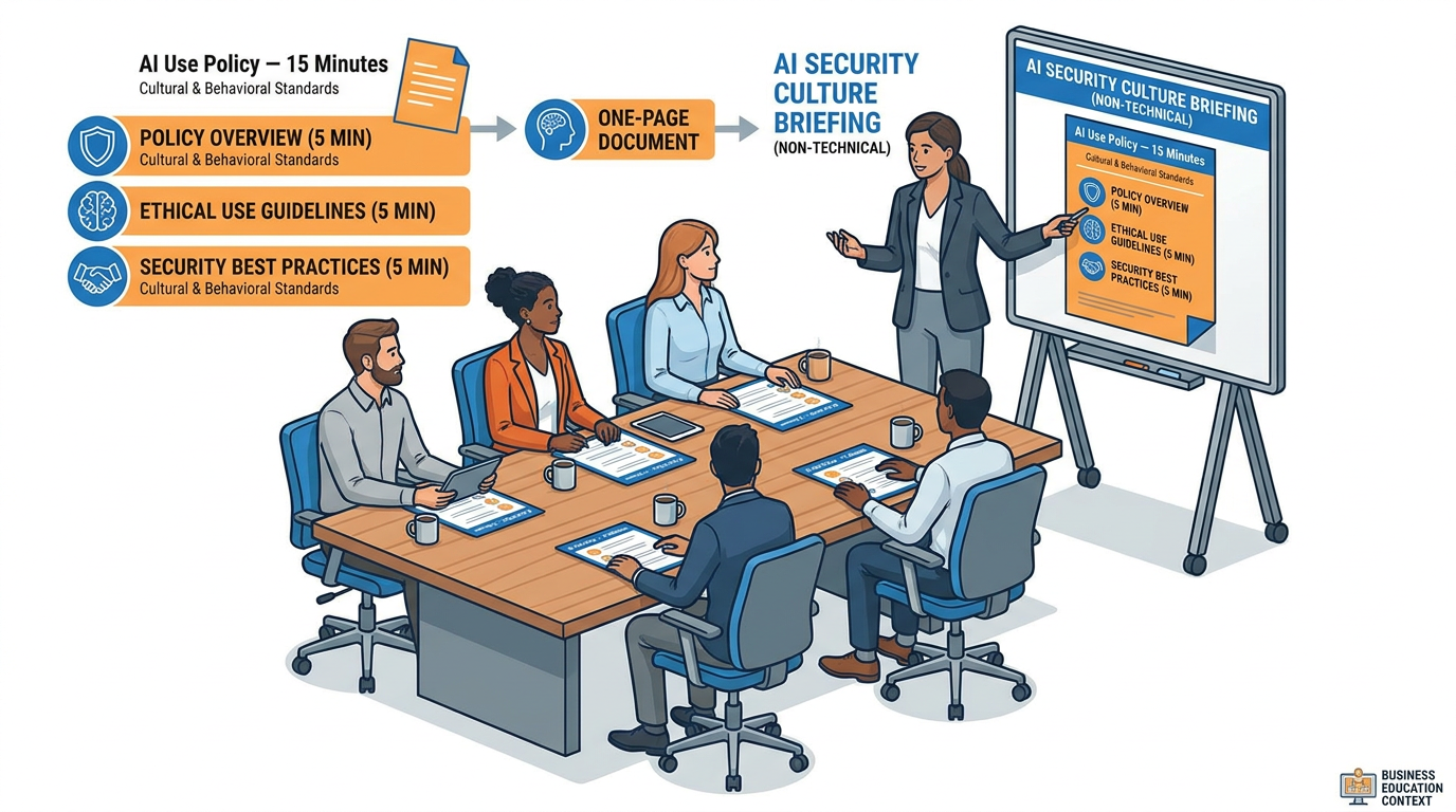 A small group of employees in a conference room receiving a structured briefing on AI use, with a one-page handout in front of each person