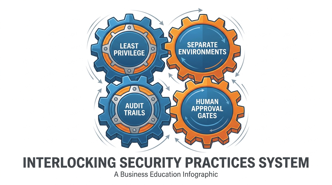 A diagram of four interlocking gears — least privilege, separate environments, audit trails, human approval gates — illustrating the operational practices that make AI deployments safe