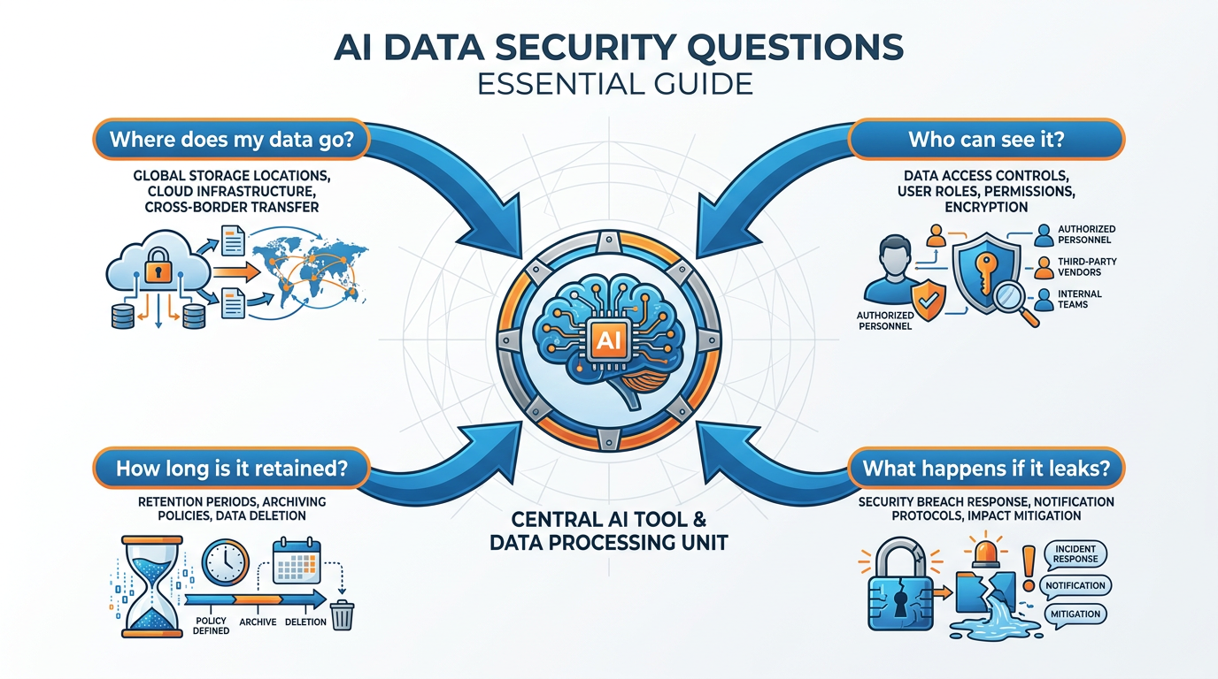 A diagram showing four arrows pointing at a central AI tool — each arrow labeled with one of the four questions every leader must answer before adopting a tool