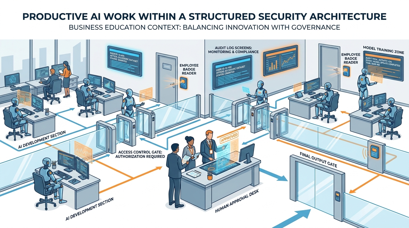 A modern office with AI agents working at desks behind clearly drawn boundary lines — gates, access cards, and a culture of careful handoffs — illustrating that security is the set of guardrails inside which trust gets built