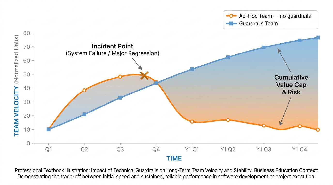 A line chart showing two trajectories over time — one labeled "ad-hoc team" curving down sharply after an incident, one labeled "guardrails team" curving steadily upward and accelerating