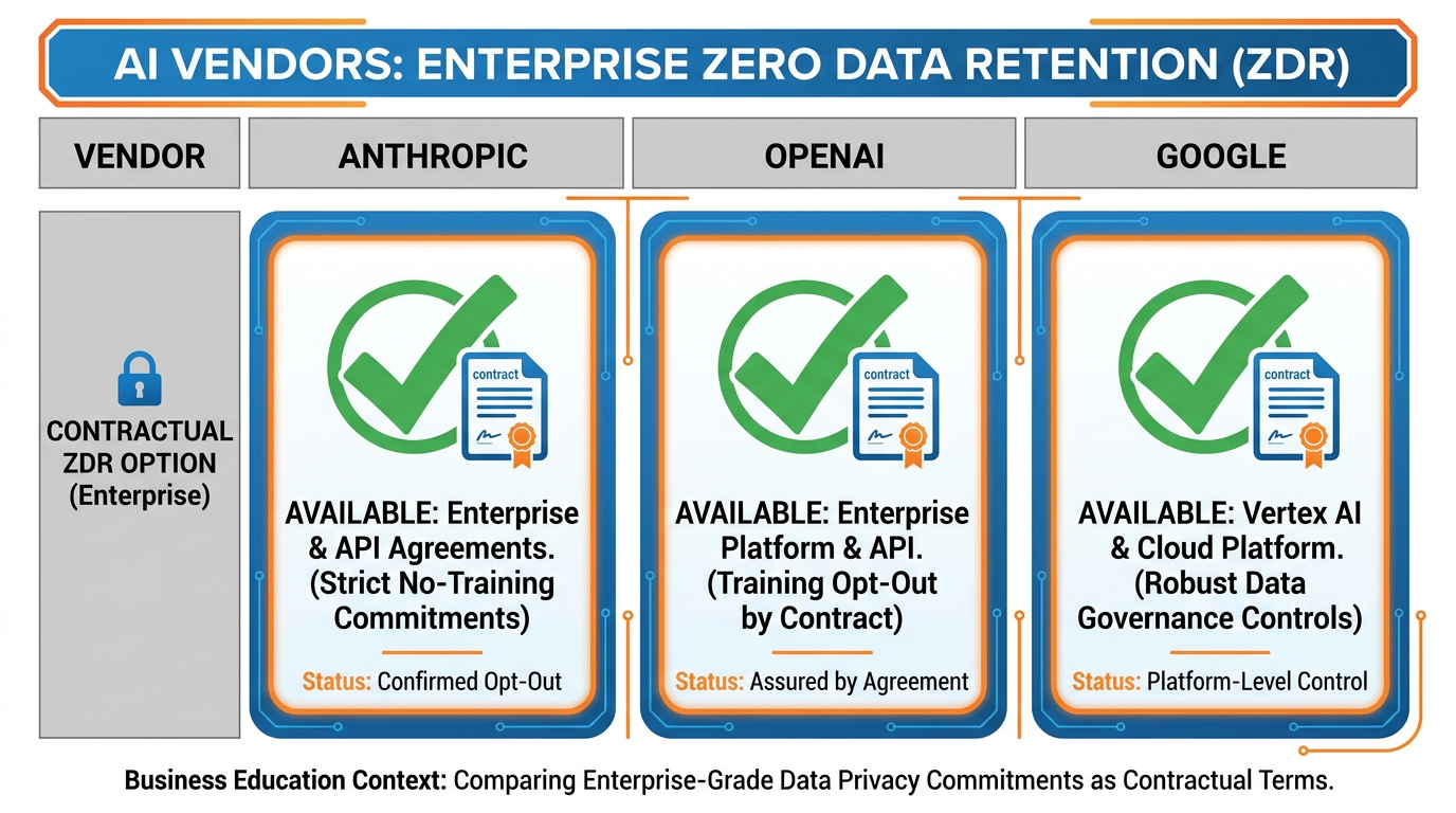 A horizontal comparison of three major AI vendors — Anthropic, OpenAI, and Google — showing how each offers Zero Data Retention as a contractual option for enterprise customers