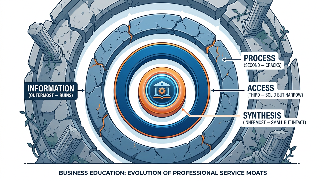 Four concentric walls around a professional service firm, labeled from outside in — Information, Process, Access, Synthesis. The outer wall is rubble. The second wall has cracks. The third wall is solid but narrow. The innermost wall is small but intact.