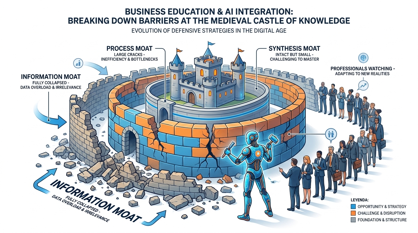 A four-walled castle being slowly disassembled — the walls labeled Information, Process, Access, and Synthesis. Outside, a queue of professionals watches as the first wall is gone, the second is half-built, and the third is being scaled by a smaller new structure.