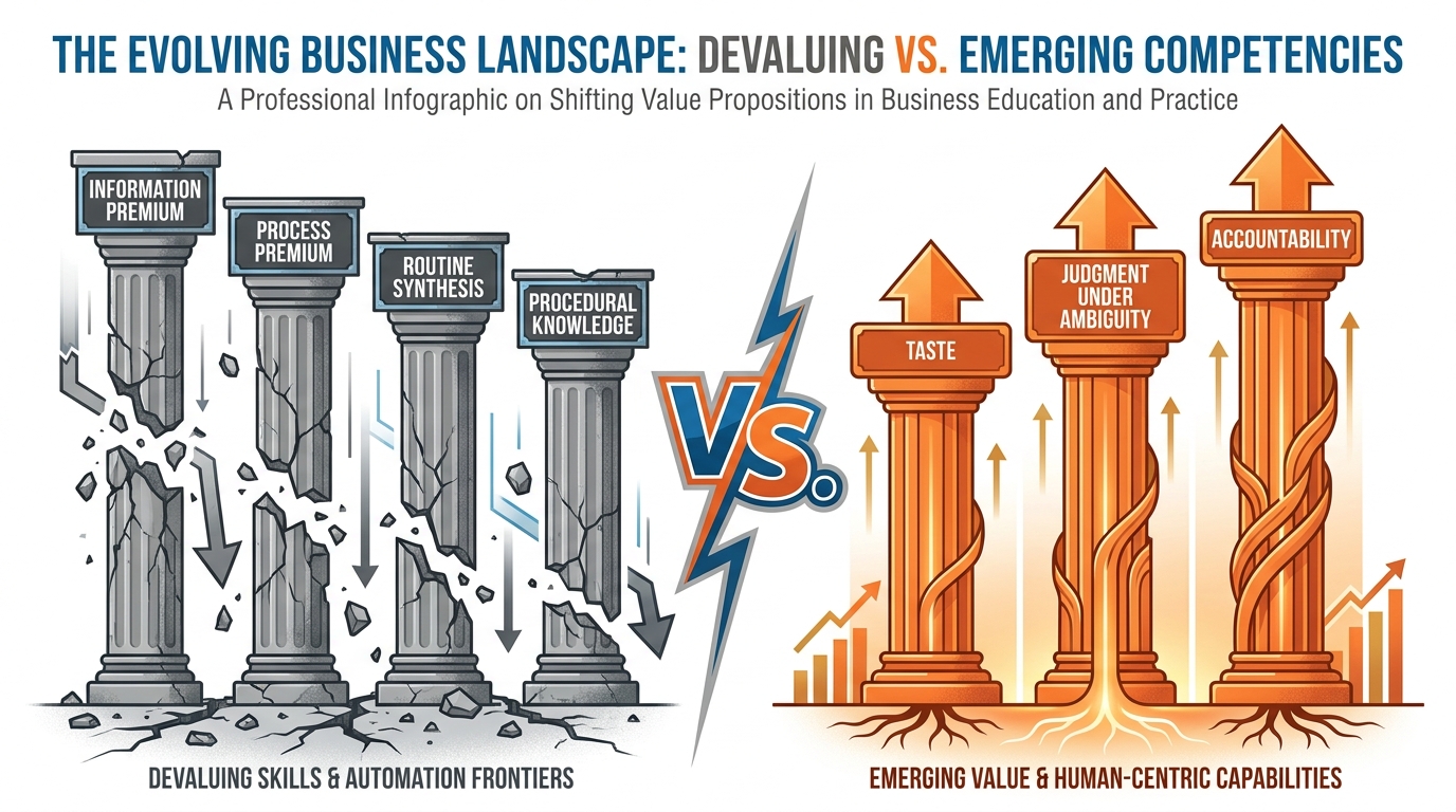 Three rising pillars — Taste, Judgment Under Ambiguity, Accountability — replacing four falling pillars labeled Information, Process, Routine Synthesis, and Procedural Knowledge.