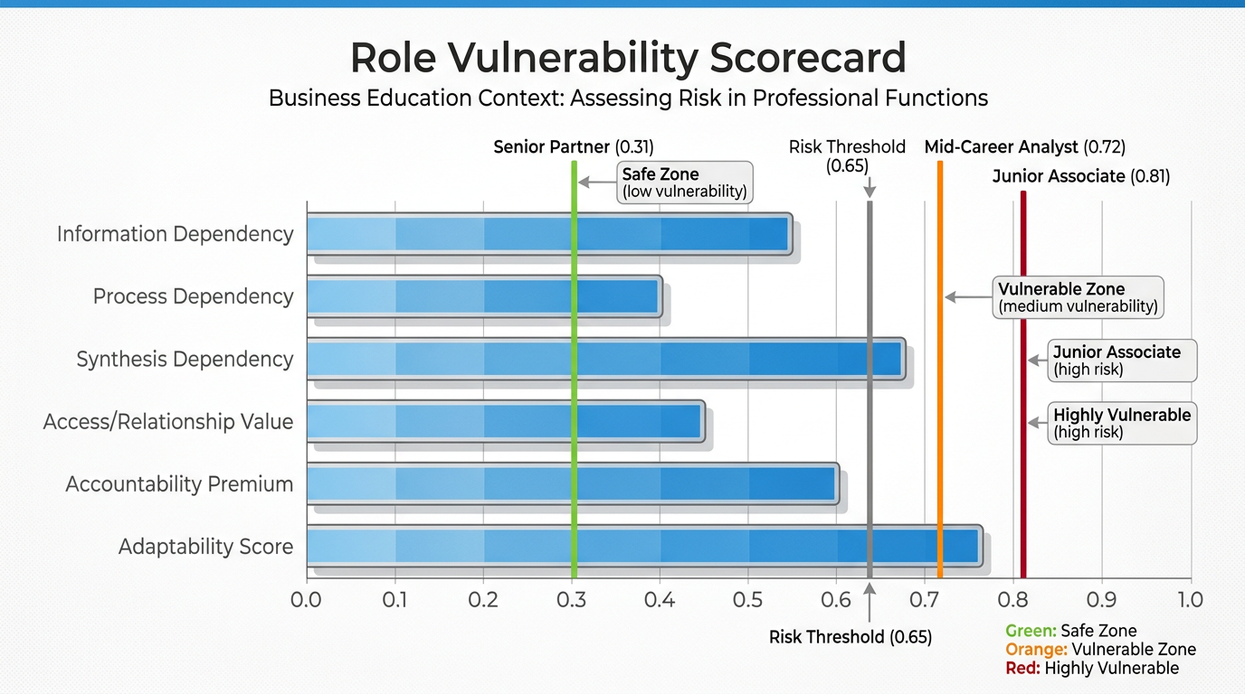 A six-bar diagnostic chart showing the Role Vulnerability Scorecard, with sample profiles labeled "Senior partner — 0.31," "Mid-career analyst — 0.72," and "Junior associate — 0.81" plotted across the threshold line at 0.65.