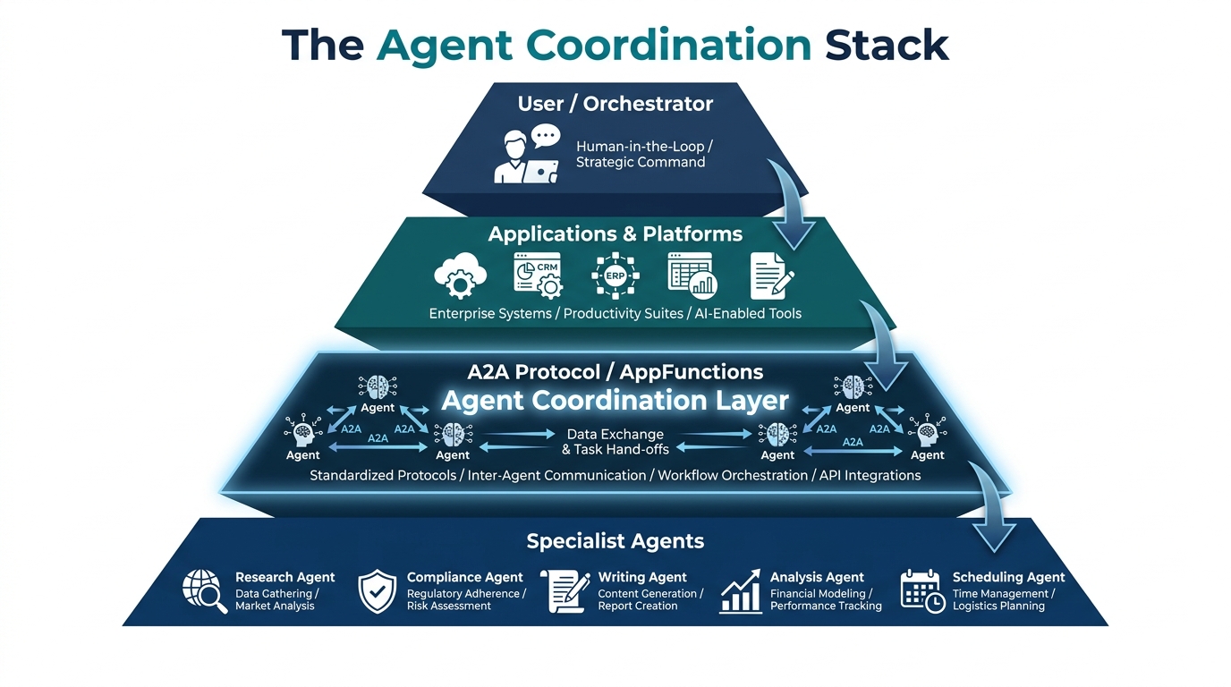 A layered diagram showing the user at the top, then applications, then an agent coordination layer (A2A / AppFunctions), then individual specialized agents at the bottom — each layer able to invoke the one below it
