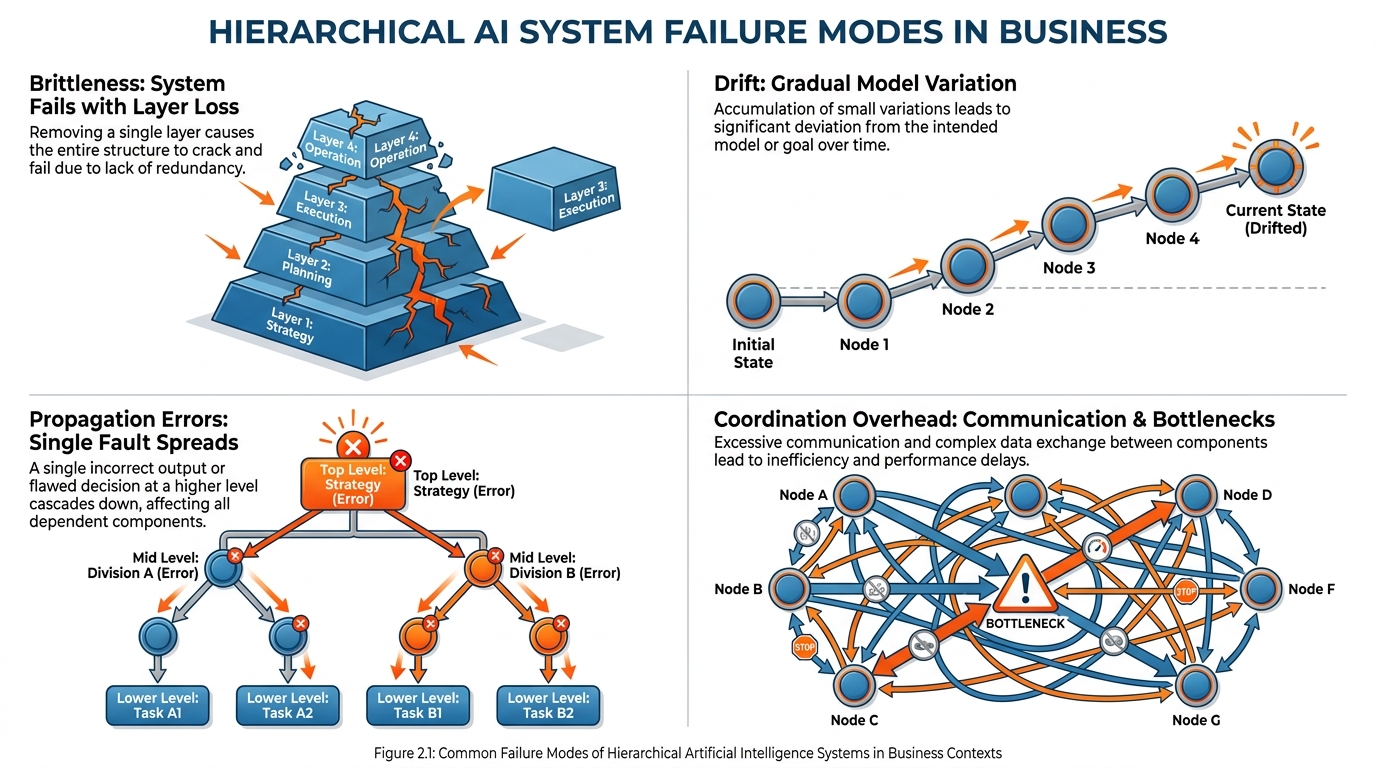 Four panels labeled brittleness, drift, propagation errors, and coordination overhead — each showing a corporate pyramid failing in a different way