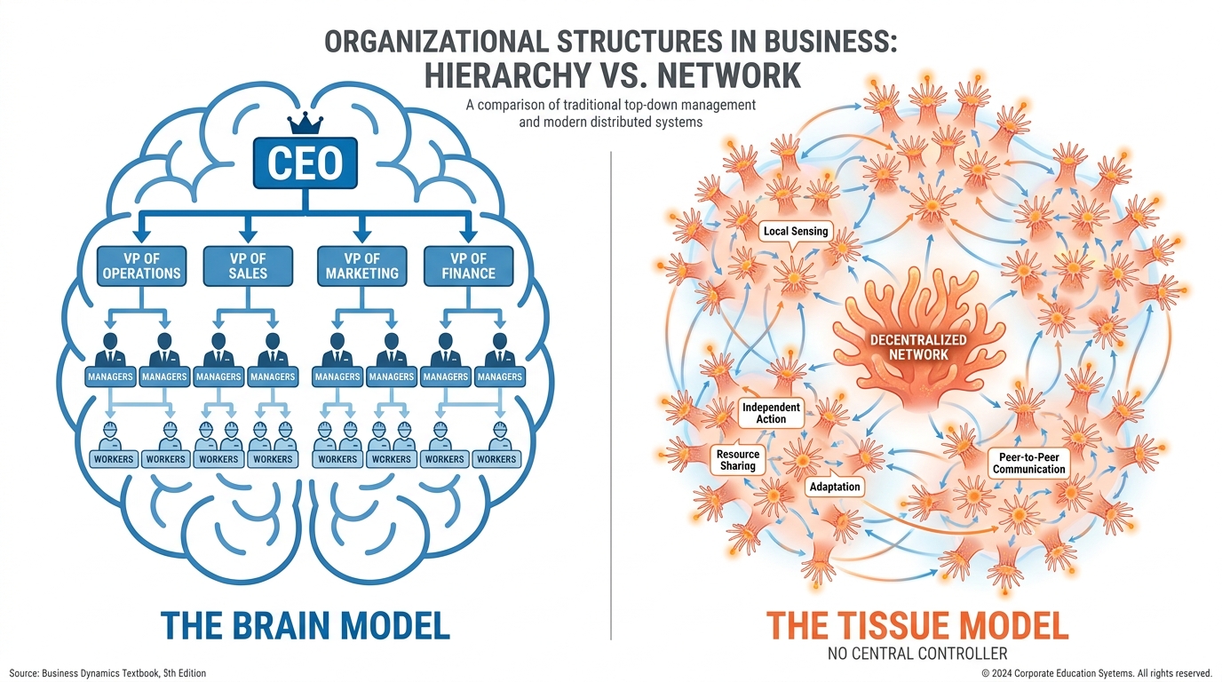 Split illustration — left side shows a corporate org chart shaped like a brain with a CEO at the top; right side shows a coral reef colony with thousands of small polyps connected as a living tissue, each one sensing and acting locally