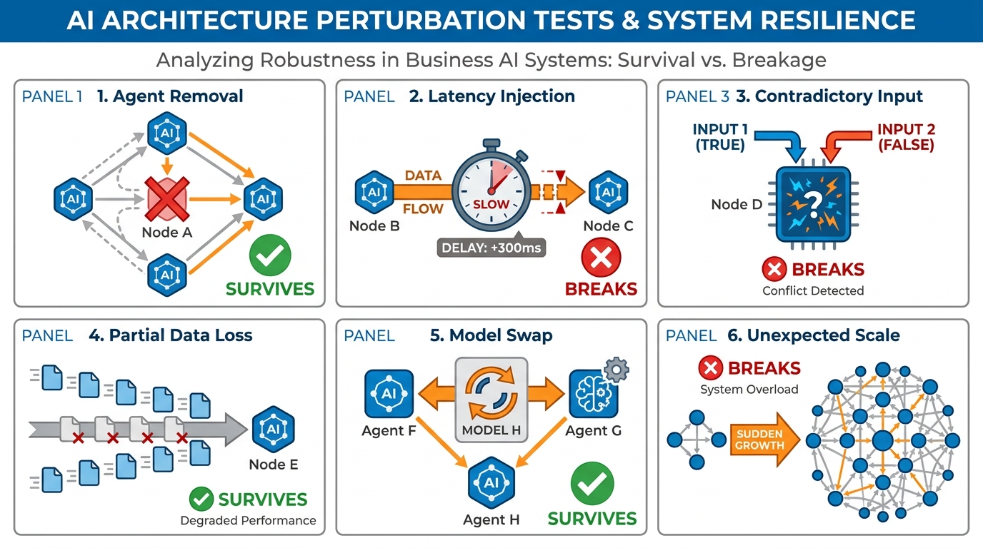 Six panels showing six different perturbations being applied to an AI system — agent removal, latency injection, contradictory input, partial data loss, model swap, and unexpected scale — with arrows showing whether the system survives or breaks